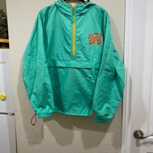 Dutch Bros Womens M Jacket Windbreaker Pouch Storage Packable Green Hooded